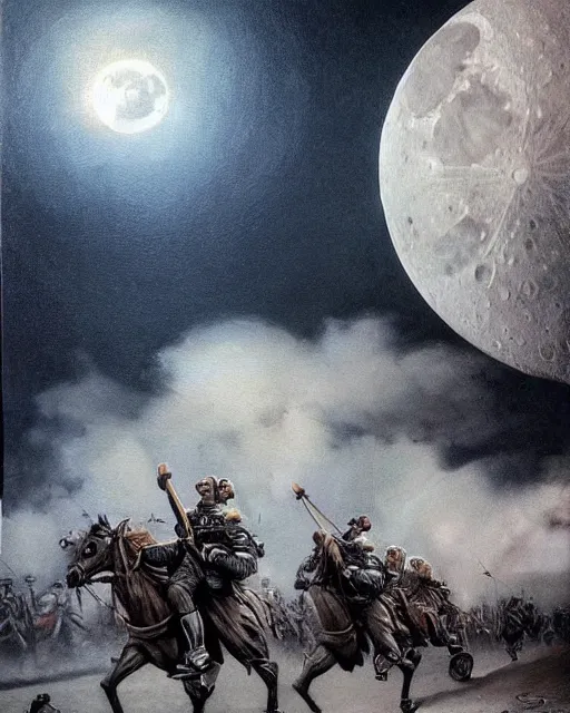 Image similar to beautiful as the moon, terrible as an army with banners. art by denys tsiperko and bogdan rezunenko, hyperrealism