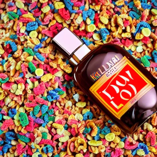 Image similar to a bottle of By Kilian 'Love Don't Be Shy' perfume, the bottle of perfume is laying on cereal, the cereal is Kelloggs Fruity Pebbles, high resolution photo,