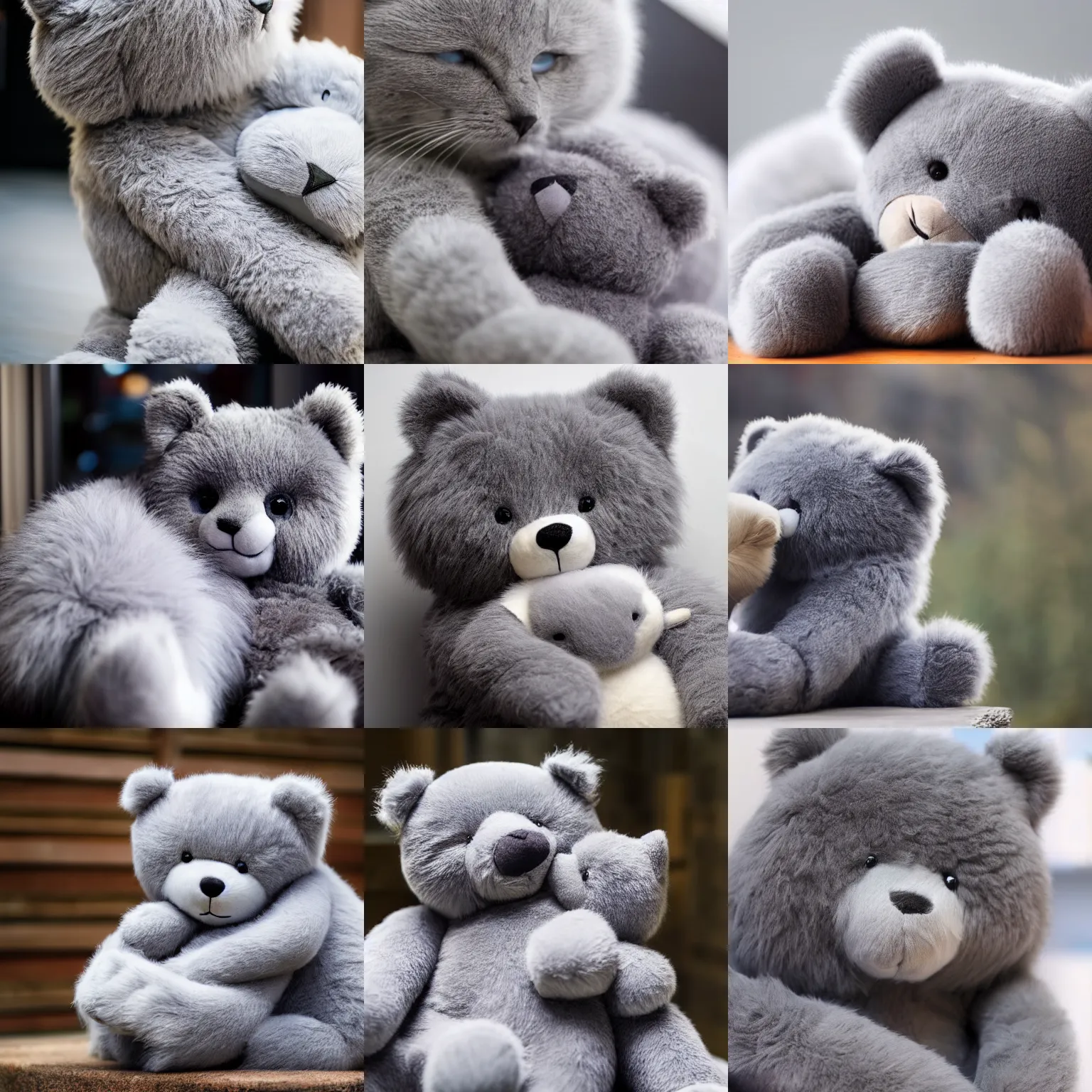 Prompt: a cute gray cat hugging a fluffy teddybear, hd, award winning, 4k