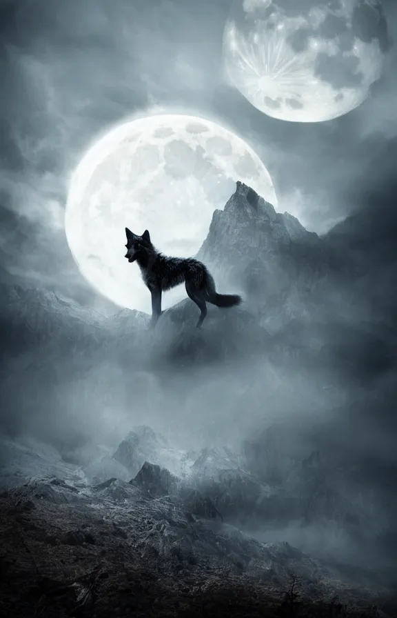 Prompt: a photograph of a wolf at full moon in a mountainous environment, full moon with fog and clouds, concept art, epic lighting, cinematographic