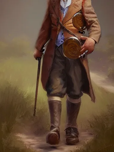 Image similar to a handsome lad, holding a adorned cane. walking in a rural area. intricate, elegant, highly detailed, digital painting, artstation, concept art, sharp focus, illustration, by justin gerard and artgerm, 8 k