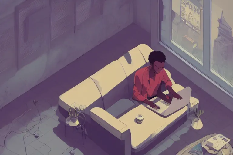 Image similar to a young black man sitting on a sofa working on a laptop, wide angle shot from above, golden curve composition, animation portrait concept art, style of makoto shinkai, xision, james jean and peter mohrbacher, studio ghibli, artgerm, karol bak, dan mumford, 4 k hd, animation style