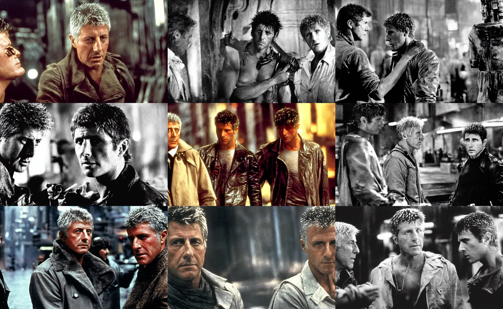 Prompt: dustin hoffman as rick deckard, talking with ruger hauer as roy batty, in blade runner, directed by ridley scott, movie still