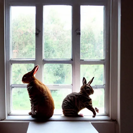 Prompt: Bengal cat and bunny rabbit sitting on the window,sunny light effts