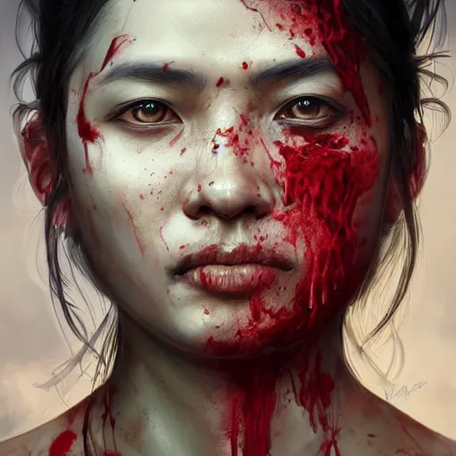 Prompt: portrait painting of a bloodied nepali female butcher from behinf, ultra realistic, concept art, intricate details, eerie, highly detailed, photorealistic, octane render, 8 k, unreal engine. art by artgerm and greg rutkowski and alphonse mucha