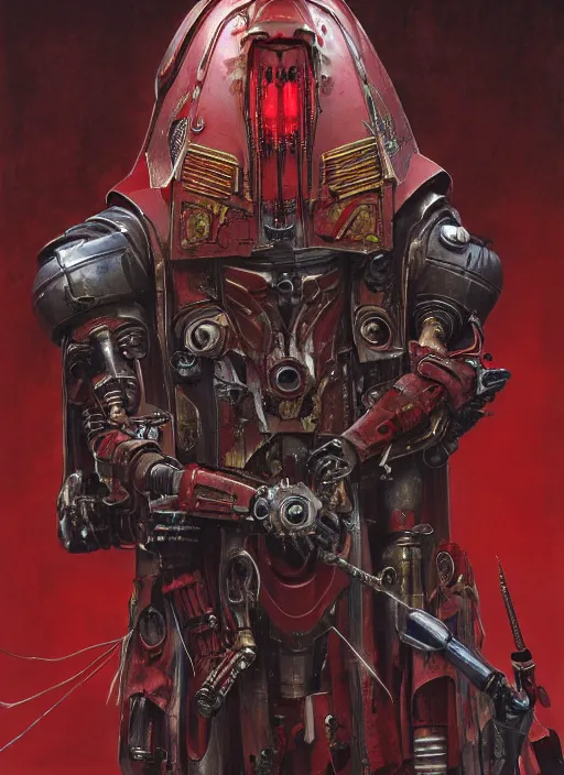 Image similar to portrait of rotten flash head adeptus mechanicus in red hood and robe from Warhammer 40000. Highly detailed, artstation, illustration by and John Blanche and zdislav beksinski and wayne barlowe