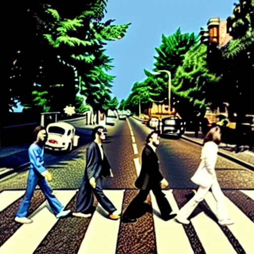 Prompt: The cover of Abbey Road in the style of Tim Burton, HD, Hyper realistic, intricate detail