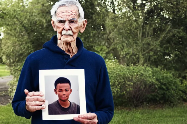 Prompt: young man holding a photograph of him as a old man