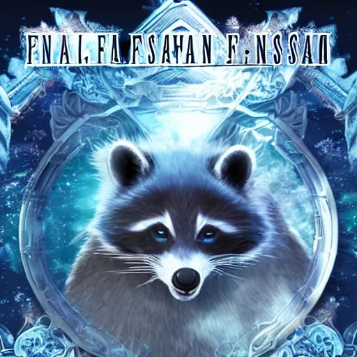 Image similar to final fantasy box art depicting an ethereal blue raccoon