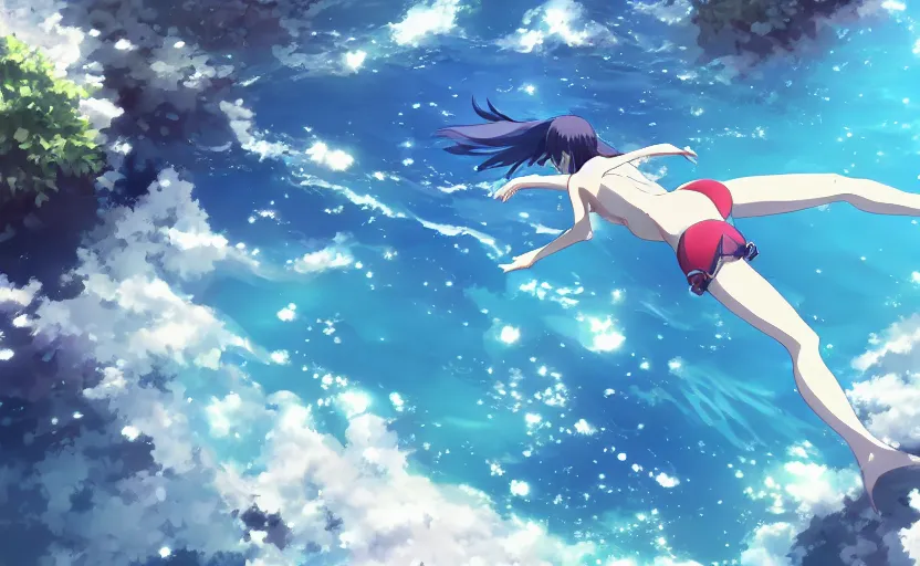 Image similar to An anime girl diving into a pool of water, anime scene by Makoto Shinkai, digital art