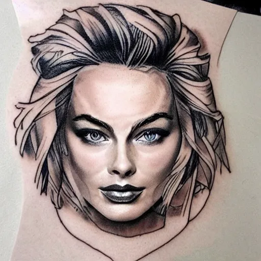 Image similar to face morph tattoo design of margot robbie with beautiful mountain scenery, in the style of arlo dicristina, amazing detail, mash up