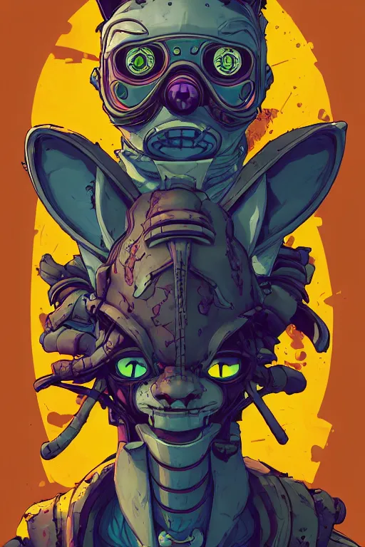 Image similar to a study of cell shaded portrait of a cat as a borderlands 3 character, llustration, post grunge, evil vibe, concept art by josan gonzales and wlop, by james jean, Victo ngai, David Rubín, Mike Mignola, Laurie Greasley, highly detailed, sharp focus, alien, Trending on Artstation, HQ, deviantart, art by artgem