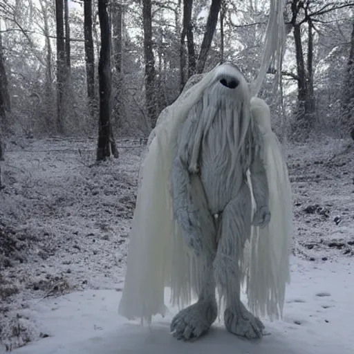 Image similar to humanoid ethereal ghostly live action muppet wraith like figure with a lightbulb for a head with two arms and four long tentacles for arms growing from its back that flow gracefully at its sides while it floats around the frozen woods searching for lost souls and that hide in the shadows in the trees, this character can control the ice, snow, shadows, and electricity, it is a real muppet by sesame street, photo realistic, real, realistic, felt, stopmotion, photography, sesame street, corpse bride tim burton