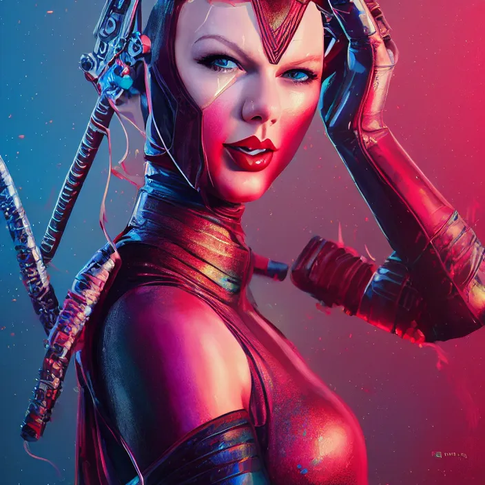 Image similar to taylor swift as lady deadpool. intricate abstract. intricate artwork. by tooth wu, wlop, beeple, dan mumford. octane render, trending on artstation, greg rutkowski very coherent symmetrical artwork. cinematic, hyper realism, high detail, octane render, 8 k, iridescent accents