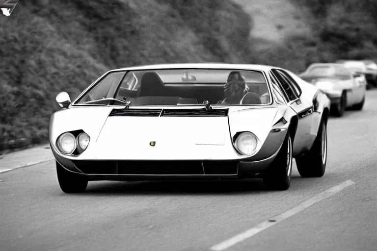 Image similar to 1969 Lamborghini LP400, movie still, speed, cinematic Eastman 5384 film