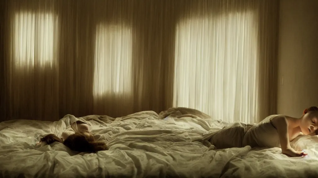 Prompt: movie still of girl having sleep paralysis, cinematic composition, cinematic light, criterion collection, by david lynch and emmanuel lubezki