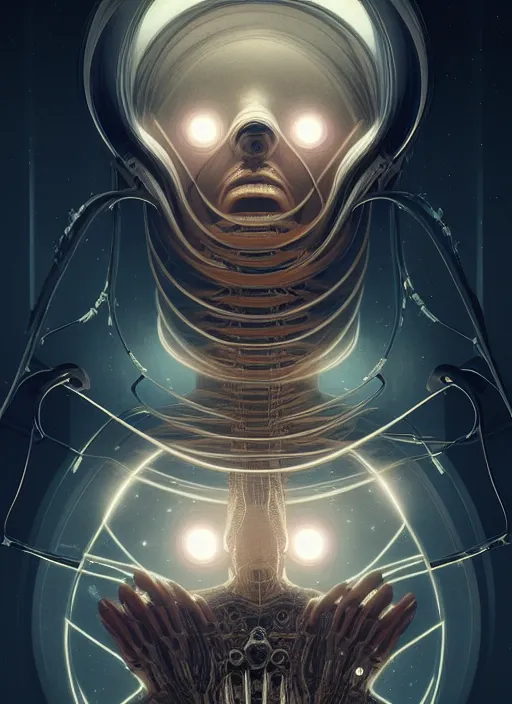 Image similar to symmetry!! portrait of astronaut, sci - fi horror, glowing lights!!, elegant, intricate, body horror, dark design, highly detailed, dark lighting, digital art, digital painting, artstation, smooth, sharp focus, illustration, art by artgerm and h r giger and greg rutkowski and alphonse mucha, 8 k