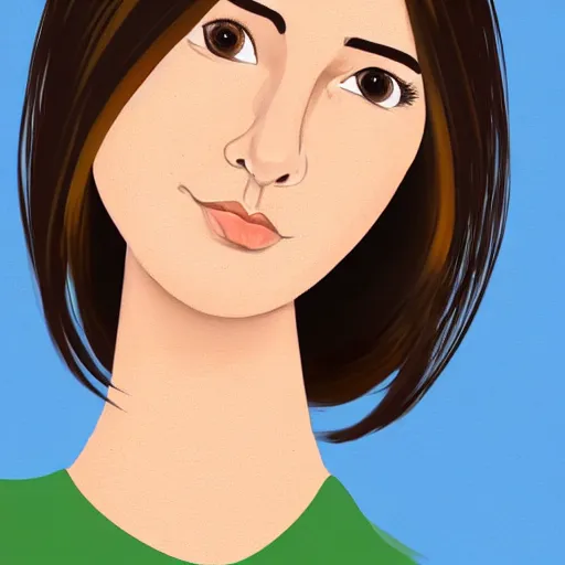 Prompt: chubby 30 year old brunette woman with straight hair in a short bob, round face, romanian heritage, brown eyes, olive skin, bulbous nose, big chin, wide face, no bangs, digital art, painterly, cartoon, cute, 8k, illustration, trending on artstation, medium shot, head and shoulders