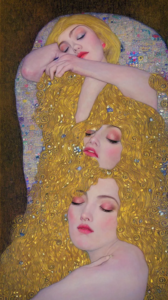 Image similar to a soft and breathtaking detailed painting of a full body sleeping blonde princess in the style of Gustav Klimt, blonde hair, shiny gold, elegant, highly detailed, artstation, fluo colors, concept art, matte, sharp focus, art by Gustav Klimt