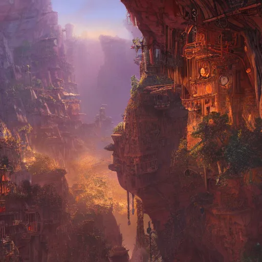 Image similar to an intricate steampunk village in a glorius canyon, morning light, moebius, zeen chin, landscape, cinematic, matte painting, high definition, 8 k, artstation