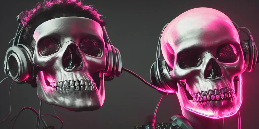 Image similar to a photorealistic cyberpunk skull, wearing headphones, bundles of electronic wires and cables coming out of its mouth, its eyes lighting up with LED lights, on stage at a party, vaporwave, scifi, trending on artstation, 4K, cinematic, epic lighting effects, strobe and laser lights, UHD, HDR