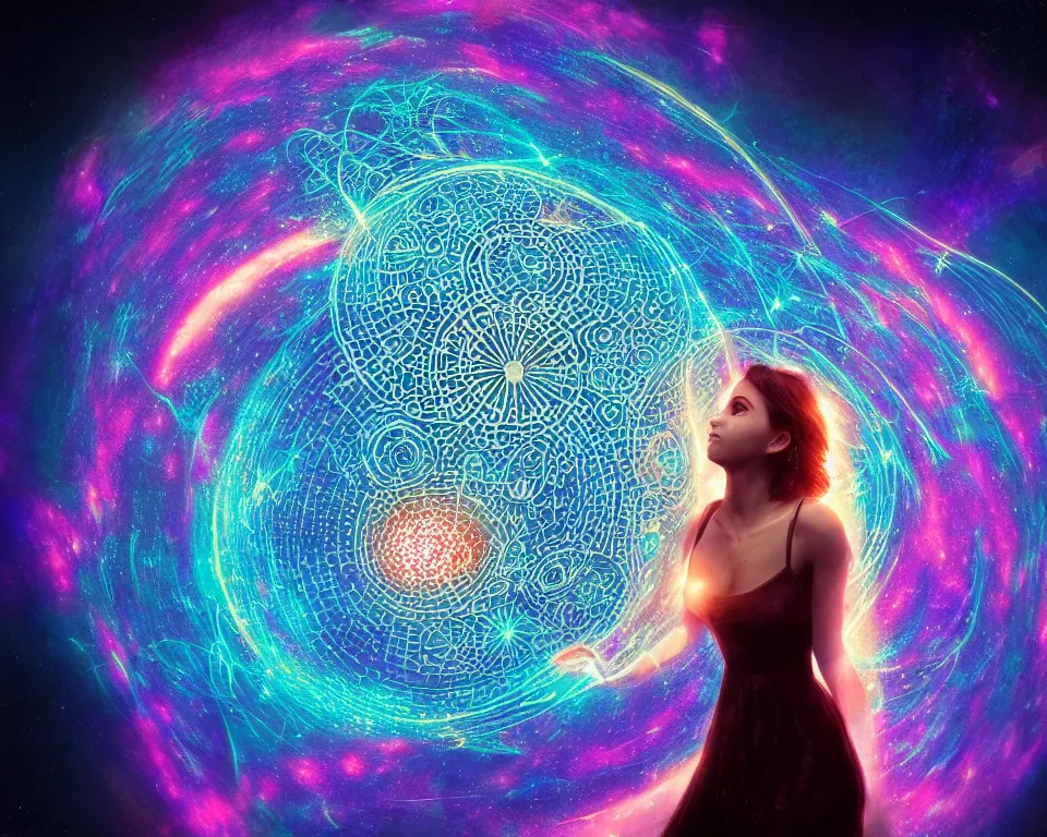 Prompt: a beautiful whimsical woman standing under a multi-colored binary blackhole with an accretion disc, casting magic, glowing trails following her arms, intricate repeating geometric patterns, fractals, by Ross Tran, by Greg Rutkowski, by artgerm, by beeple, by moebius, cinematic angle, volumetric lighting, 4k resolution, octane render, trending on artstation, masterpiece