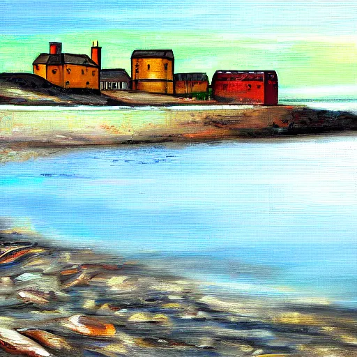 Prompt: old Scotland distillery in the seashore, oil painting style,