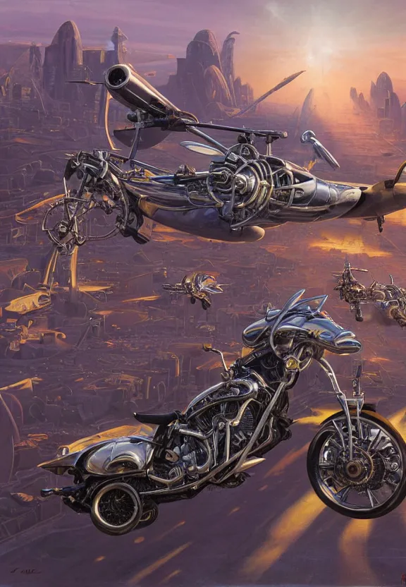 Prompt: futuristic chrome jet - bike, biomechanical rider, chopper, fly's past viewer, freeze frame, post apocalyptical albuquerque background, strong radiant light, rim - light, symmetrical, concept art, intricate detail, volumetric shadows and lighting, realistic oil painting by tim hildebrandt,