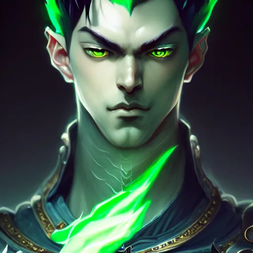 Prompt: a highly detailed portrait of a man with dark green hair and green glowing eyes, high detail clothing, fantasy, elegant, anime, digital painting, artstation, concept art, smooth, sharp focus, illustration, artbook, dynamic pose, splash art, promo art, soul caliber, art by artgerm and greg rutkowski and bo chen and jin xiaodi