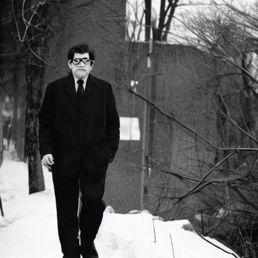 Image similar to Morton Feldman wearing a powersuit while walking through the suburbs in the winter