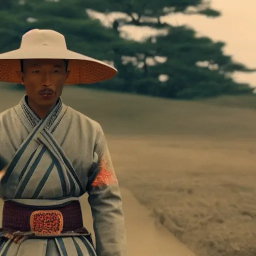 Image similar to cinematic film still Pharrell Williams starring as a Samurai with fire, Japanese CGI, VFX, 2003, 40mm lens, shallow depth of field,film photography