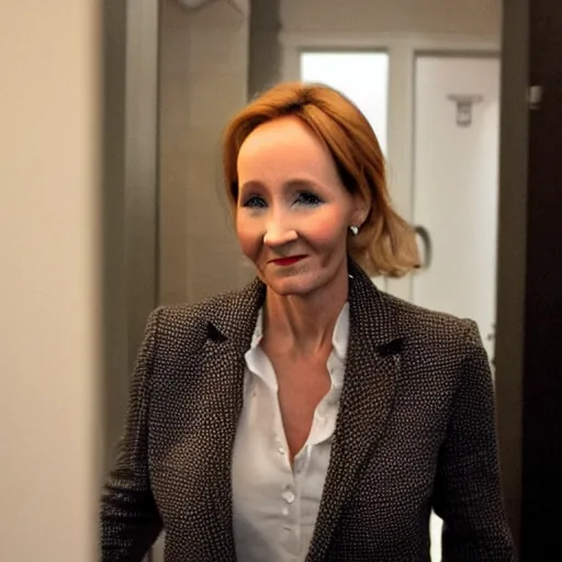 Image similar to mischievous jk rowling walking into men's bathroom