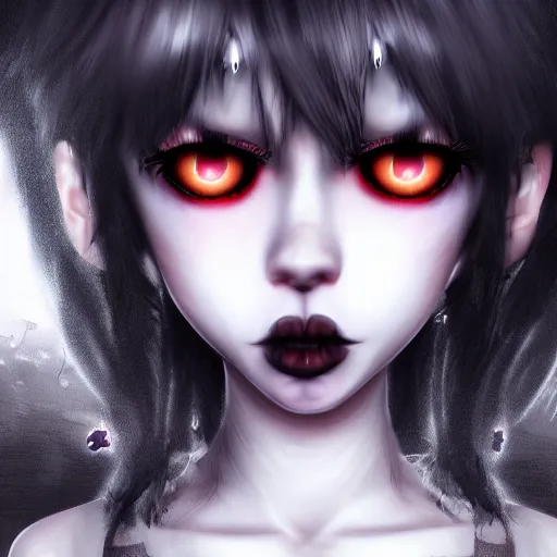 Image similar to photorealistic full shot portrait of kawaii angry darkness vampire anime girl, gothic clothing, worrying eyes, inspired by Tim Burton, detailed, unreal engine 4k volumetric light, fog,