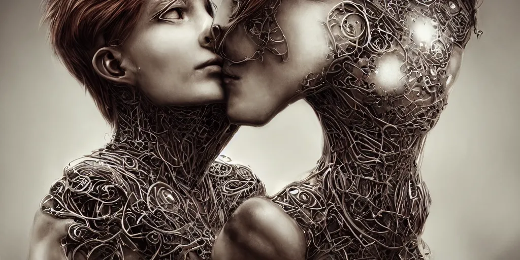 Prompt: realistic photography of a beautiful cyborg androgynous humanoid, shoulder, holding close, in liquid, intricate filigree, in the style of beth cavener, jin kagetsu, wlop, highly detailed, symmetry, masterpiece, concept art, ringflash, highkey lighting, ambient lighting, octane render, 8 k, artstation