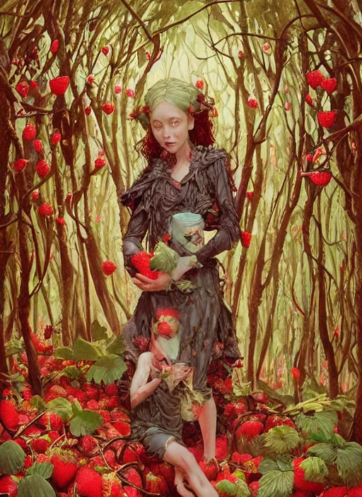 Image similar to lush strawberry forest fairy foliage painting carved in amber by chiara bautista and norman rockwell and greg rutkowski weta studio