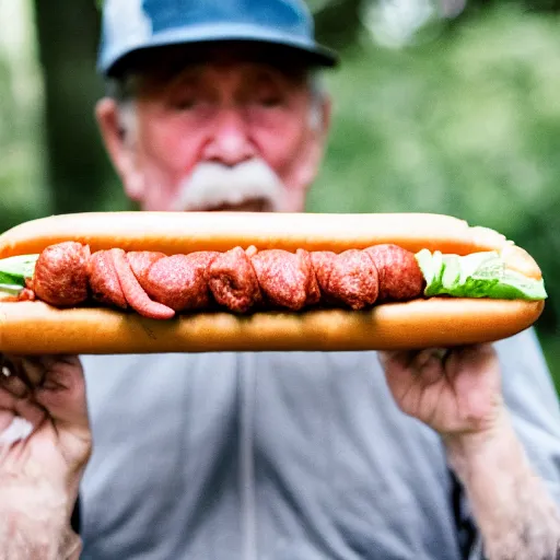 Prompt: portrait of a elderly man throwing a hotdog, 🌭, canon eos r 3, 8 0 mm f / 1. 2, iso 2 0 0, 1 / 1 6 0 s, 8 k, raw, unedited, symmetrical balance,