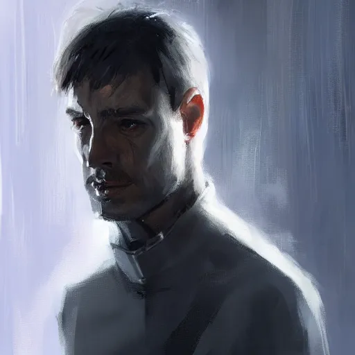 Image similar to portrait of a shocked man by greg rutkowski, he is about 3 0 years old, short black hair with bangs, scared and incredulous, very tall and slender, he is wearing futuristic space gear, highly detailed portrait, digital painting, artstation, concept art, smooth, sharp foccus ilustration, artstation hq