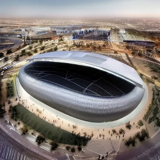 Prompt: Mosul 70k stadium, glass detailed, near to river, by Norman Foster,
