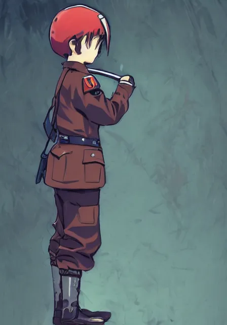 Image similar to beautiful little boy in nazi uniform posing while hold an whip. red, green, blue and gray pallet color. made in abyss art style, inspired by kris from deltarrune, cute detailed artwork, anatomically correct, soft details, ilya kuvshinov, reflection, perfect composition, mobile wallpaper, illumination, digital art, detailed anime soft face