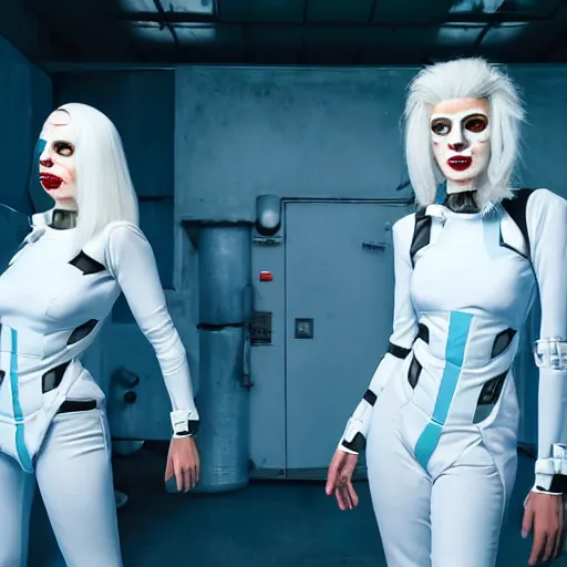 Prompt: troop of freak show women with white apache hairdos, white hair, tight light blue neopren suits, futuristic production facility, sci - fi, highly detailed, cinematic