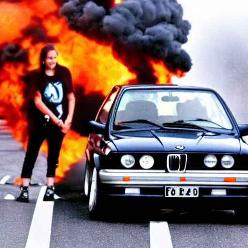 Image similar to close - up of angry greta thunberg with a bmw m 3 e 3 0 in the background, spewing black smoke from it's exhaust