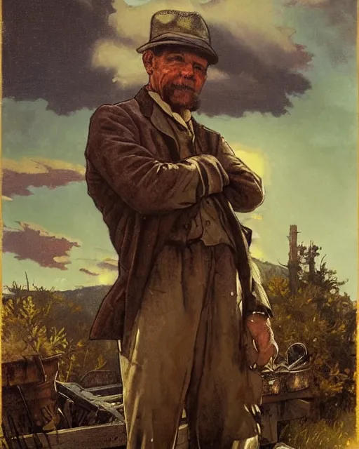 Image similar to medium shot portrait of an Appalachian bootlegger with detailed features and a moonshining still in the background, moonshine jars, dirt, Appalachian mountains, sharp focus, illustration, highly detailed, oil painting, matte, art by Greg Rutkowski and Alphonse Mucha, masterpiece