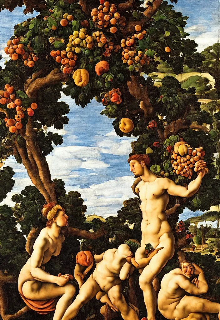 Prompt: men and women, portrait, garden with fruits on trees, ultra detailed, Orazio Gentileschi style, Michelangelo style