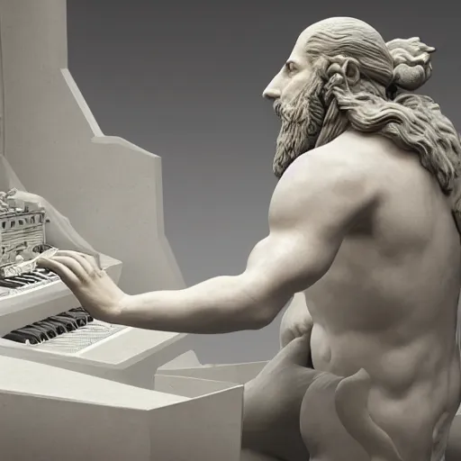 Image similar to a marble statue depicting a bearded wild man playing a modular synthesizer, 8 k, unreal engine,