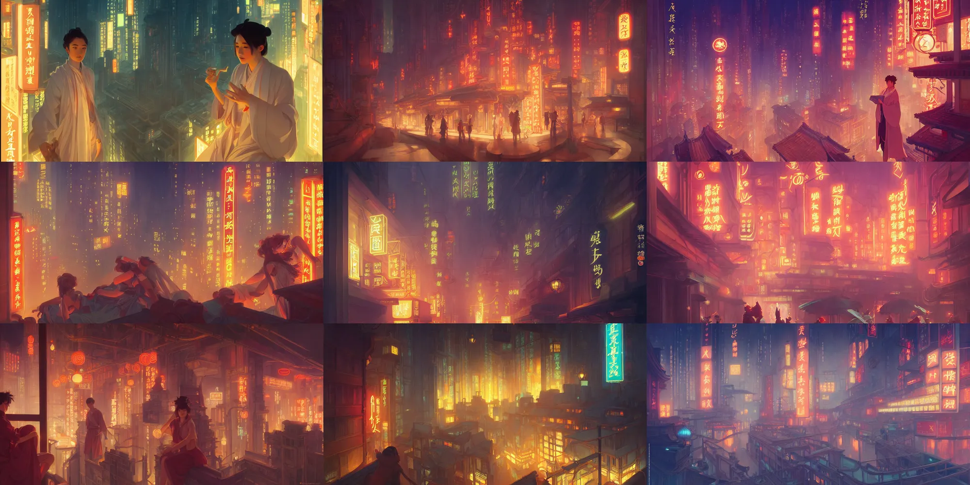 Prompt: xianxia, city, neon light, in the style of studio ghibli, j. c. leyendecker, greg rutkowski, artem