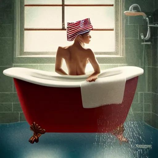 Prompt: Frank Dillane taking a bubble bath in an old-fashioned bathtub, bubbles, bashful, shy, adorable, shower cap, rubber ducky, union jack bath towel, beer bottle, artgerm, disney colors, artstation, epic composition, award winning artwork, trending on artstation, high quality printing, Ilya Kuvshinov, very coherent