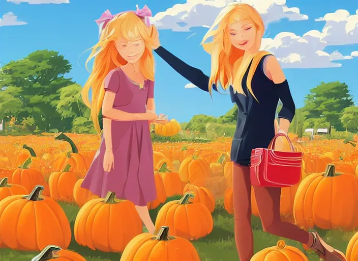 Image similar to little girl with long blonde hair and her mother visiting a pumpkin patch. clean cel shaded vector art. shutterstock. behance hd by lois van baarle, artgerm, helen huang, by makoto shinkai and ilya kuvshinov, rossdraws, illustration, art by ilya kuvshinov