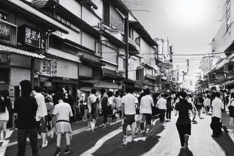 Image similar to still photo of a japanese street festival, black and white color aesthetic, highly detailed, photorealistic portrait, bright studio setting, studio lighting, crisp quality and light reflections, unreal engine 5 quality render