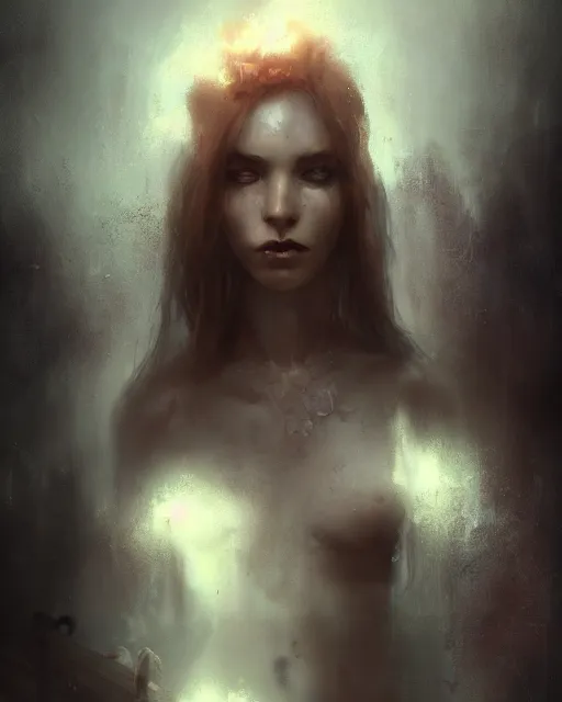 Prompt: a beautiful portrait matte painting of a mysterious woman, by bastien lecouffe deharme, trending on artstation, 4k wallpaper, concept art.