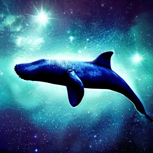 Image similar to portrait of space whale swimming on a dark night sky in space, flying across the universe, oniric, dreamy, beautiful, highly detailed, realistic, cinematic, dynamic composition